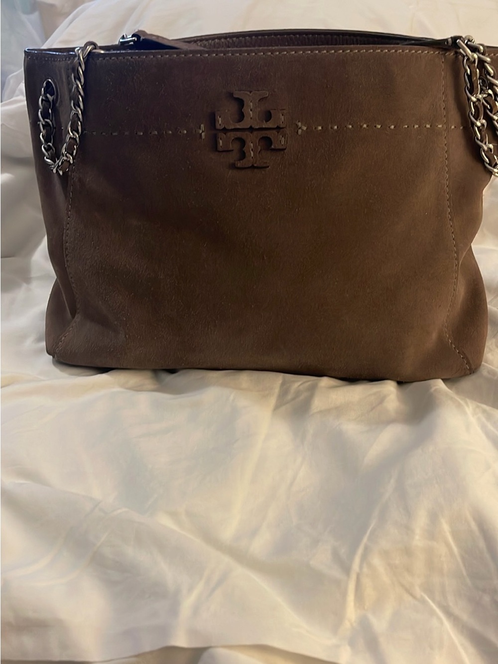 Tory Burch Brown Suede Chain Shoulder Bag with Logo